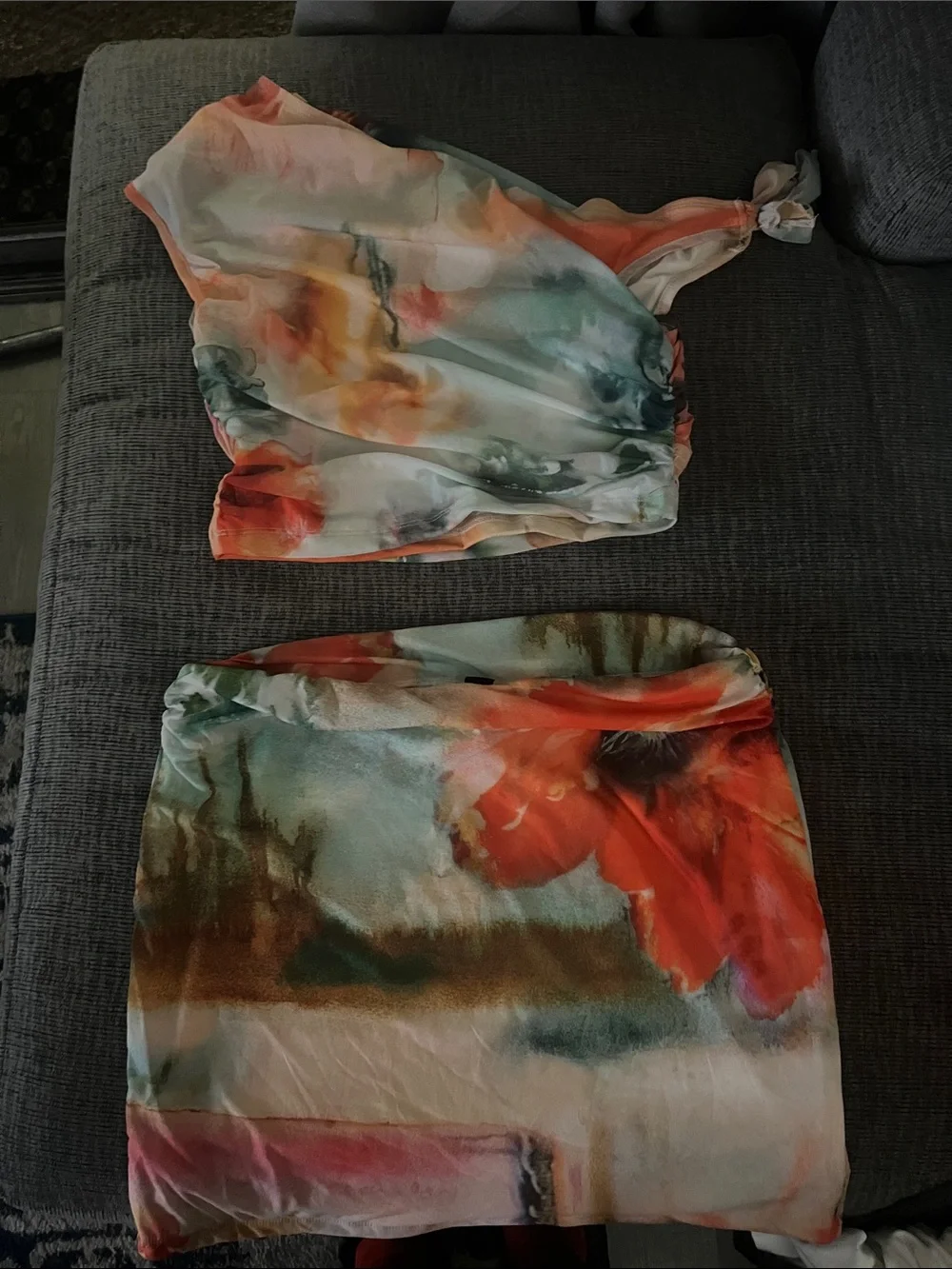 One-Shoulder Floral Watercolor Matching set in Coral and Teal
